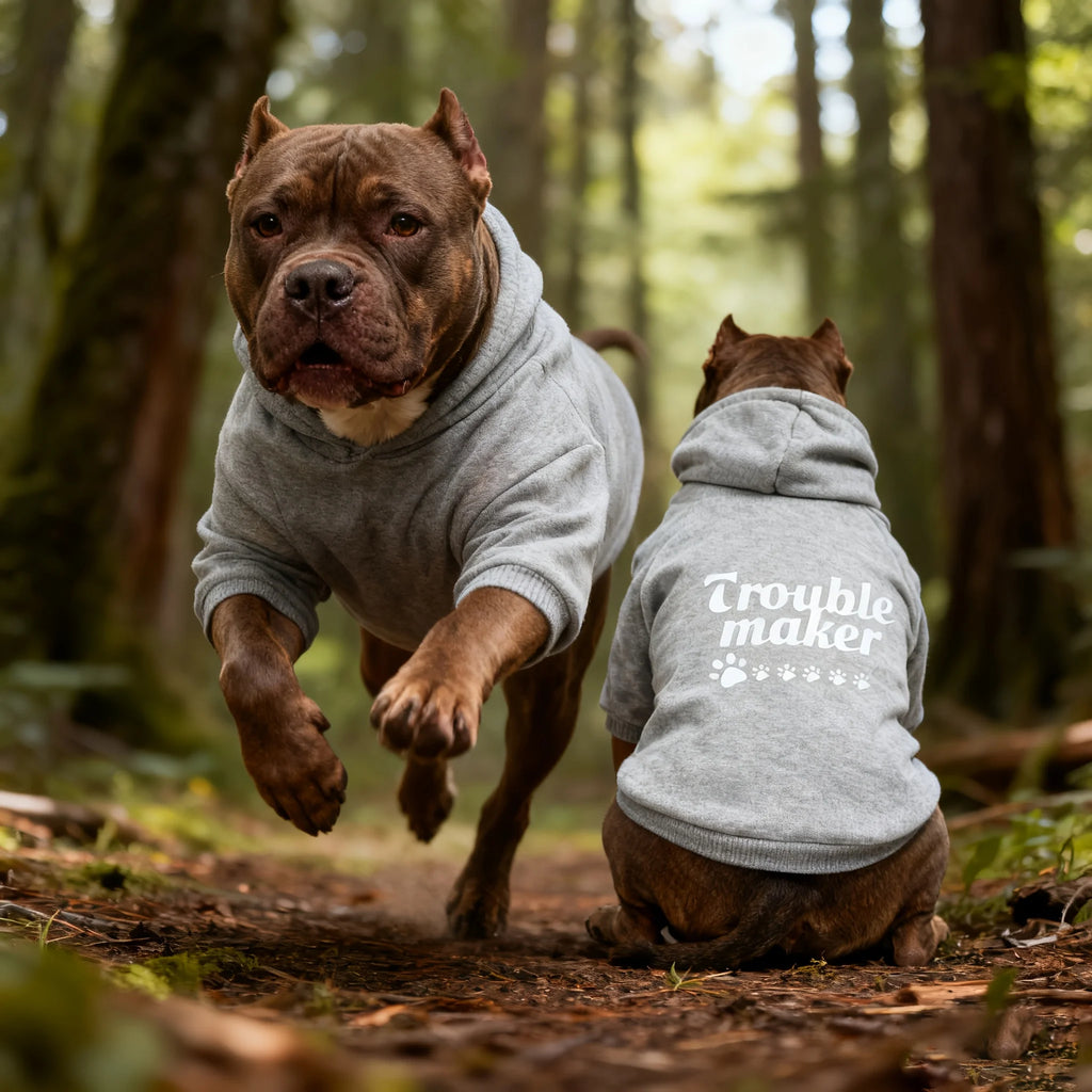 3XL~8XL Trouble Maker Dog Hoodie Sweater Winter Hooded Pet Jacket with Paw Print & "Trouble Maker" Text, Soft Paw Collar Sleeve