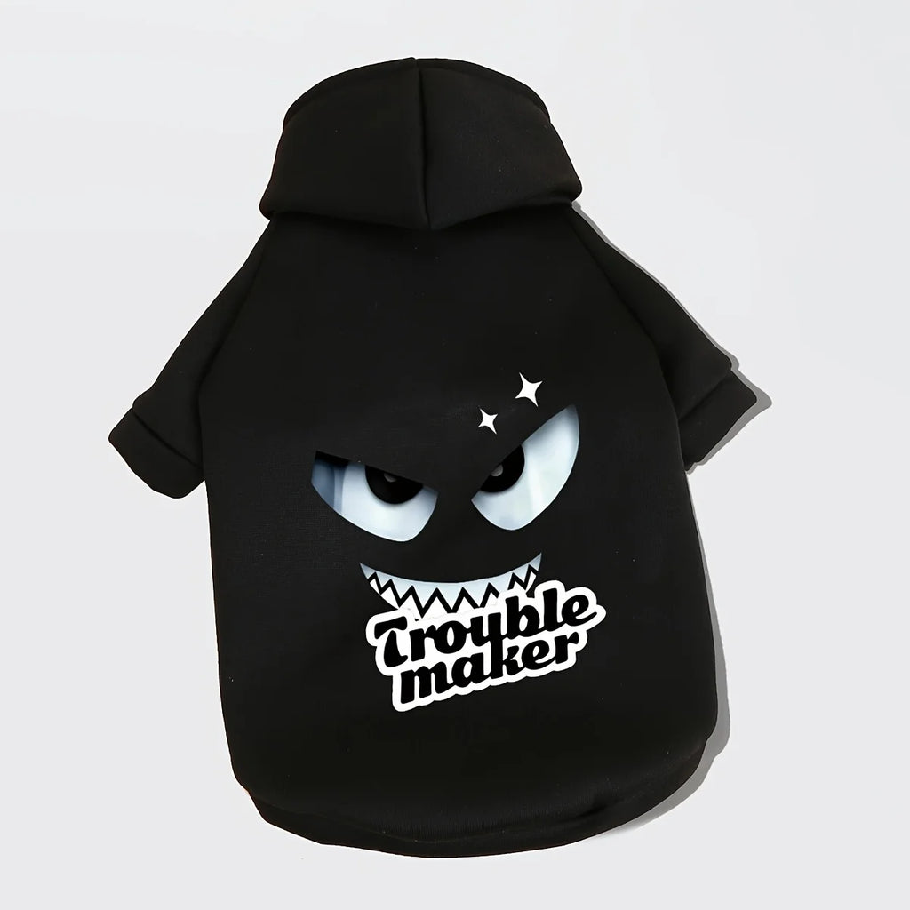 1pc Black Hooded Winter Sweater Jacket for Small Dogs & Cats Coat with Cute "Trouble Maker" Back Print, Short-Haired Breeds