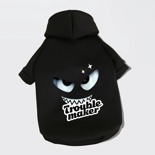 1pc Black Hooded Winter Sweater Jacket for Small Dogs & Cats Coat with Cute "Trouble Maker" Back Print, Short-Haired Breeds