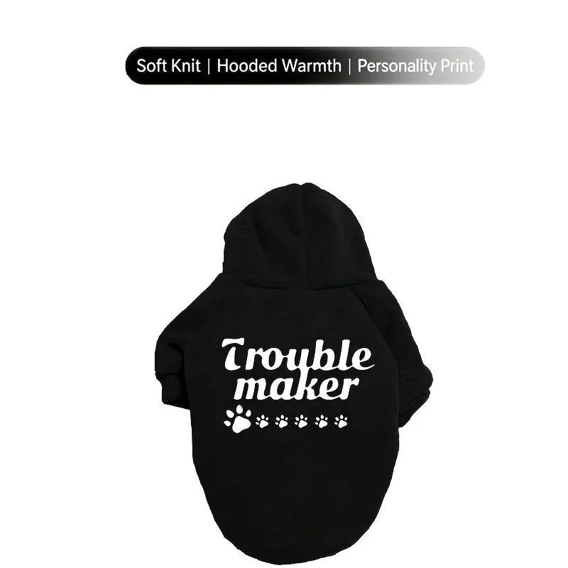 3XL~8XL Trouble Maker Dog Hoodie Sweater Winter Hooded Pet Jacket with Paw Print & "Trouble Maker" Text, Soft Paw Collar Sleeve