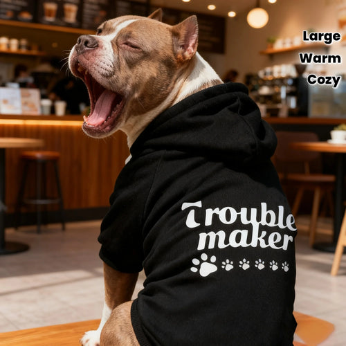 3XL~8XL Trouble Maker Dog Hoodie Sweater Winter Hooded Pet Jacket with Paw Print & "Trouble Maker" Text, Soft Paw Collar Sleeve
