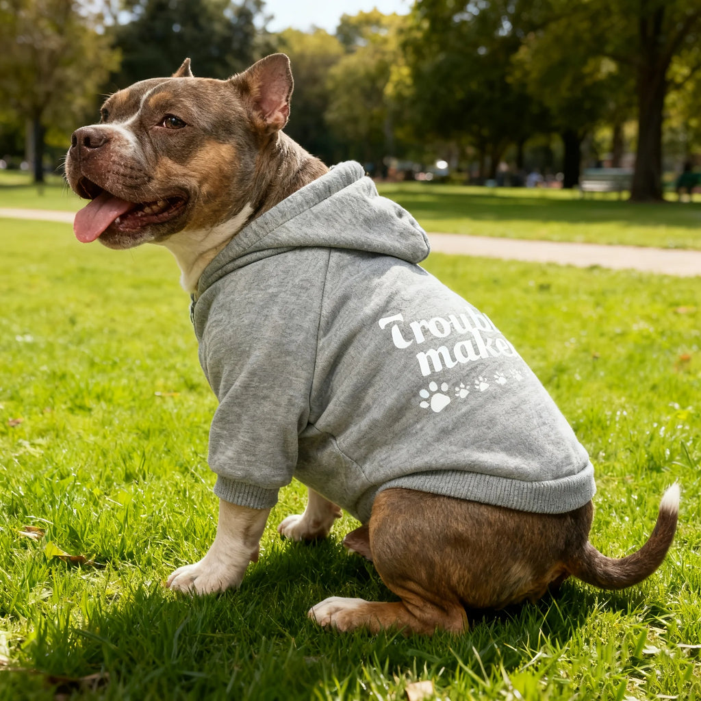 3XL~8XL Trouble Maker Dog Hoodie Sweater Winter Hooded Pet Jacket with Paw Print & "Trouble Maker" Text, Soft Paw Collar Sleeve