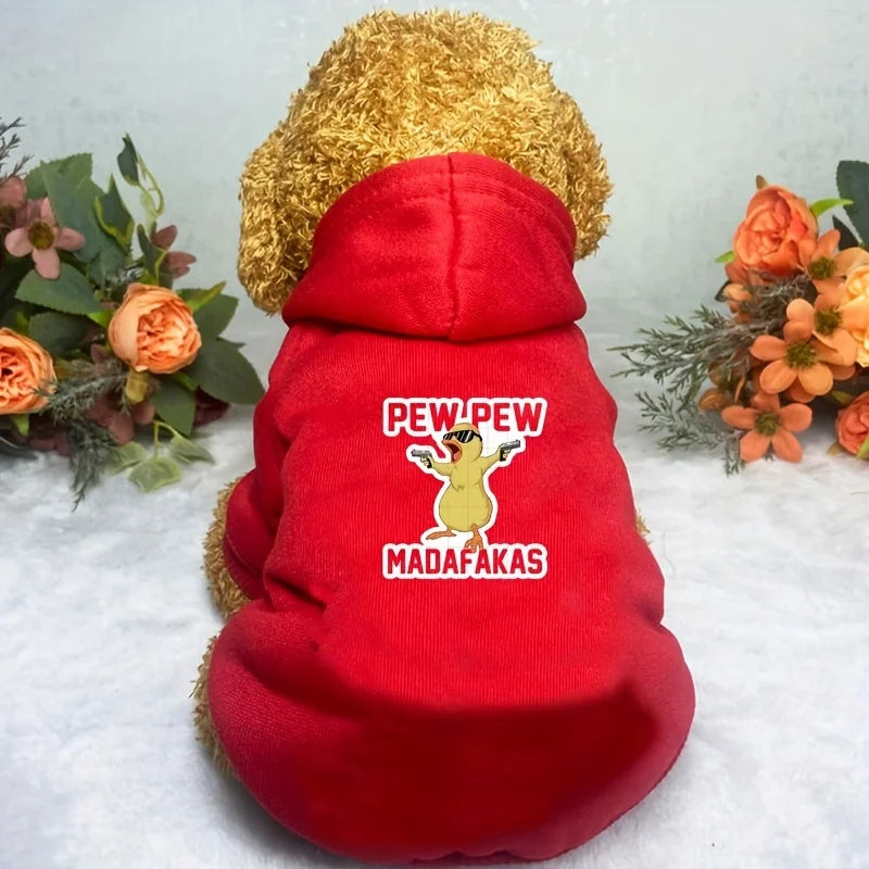 Winter Hooded Dog Sweatshirt for Small & Medium Dogs - Duck Print 'PEW PEW...' Red Cozy Hoodie Seasonal Dog  Pet Lovers