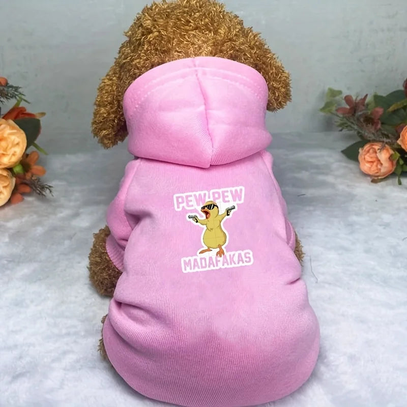 Winter Hooded Dog Sweatshirt for Small & Medium Dogs - Duck Print 'PEW PEW...' Red Cozy Hoodie Seasonal Dog  Pet Lovers