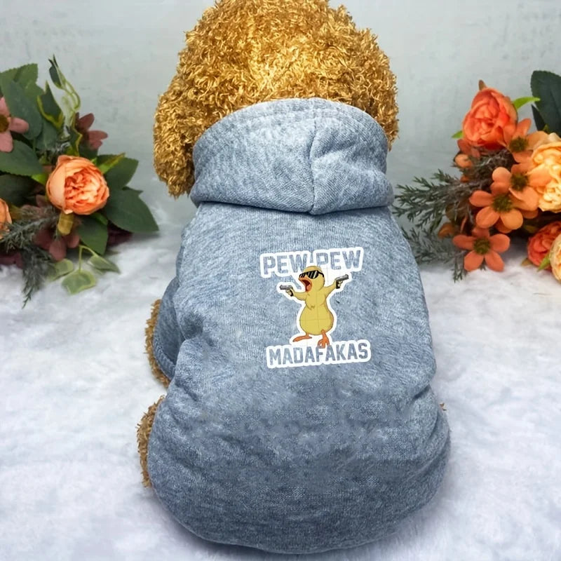 Winter Hooded Dog Sweatshirt for Small & Medium Dogs - Duck Print 'PEW PEW...' Red Cozy Hoodie Seasonal Dog  Pet Lovers