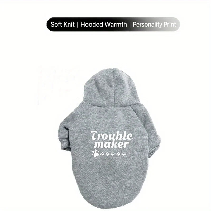 3XL~8XL Trouble Maker Dog Hoodie Sweater Winter Hooded Pet Jacket with Paw Print & "Trouble Maker" Text, Soft Paw Collar Sleeve